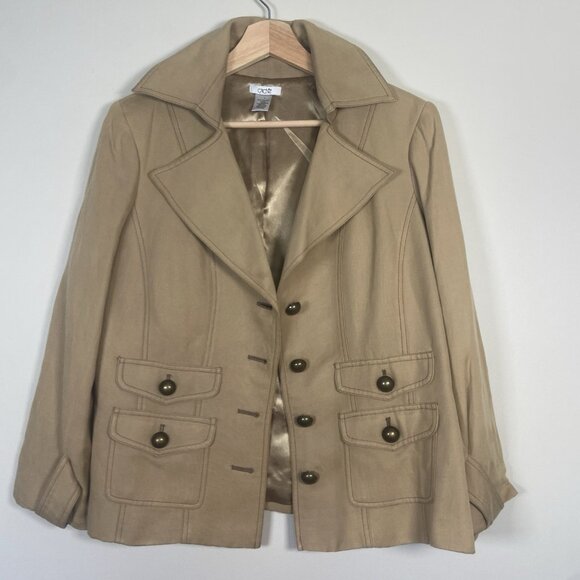 Cache Blazer Womens Size L Jacket Linen Silk Khaki Tan Buttons Size L Office - Picture 1 of 9